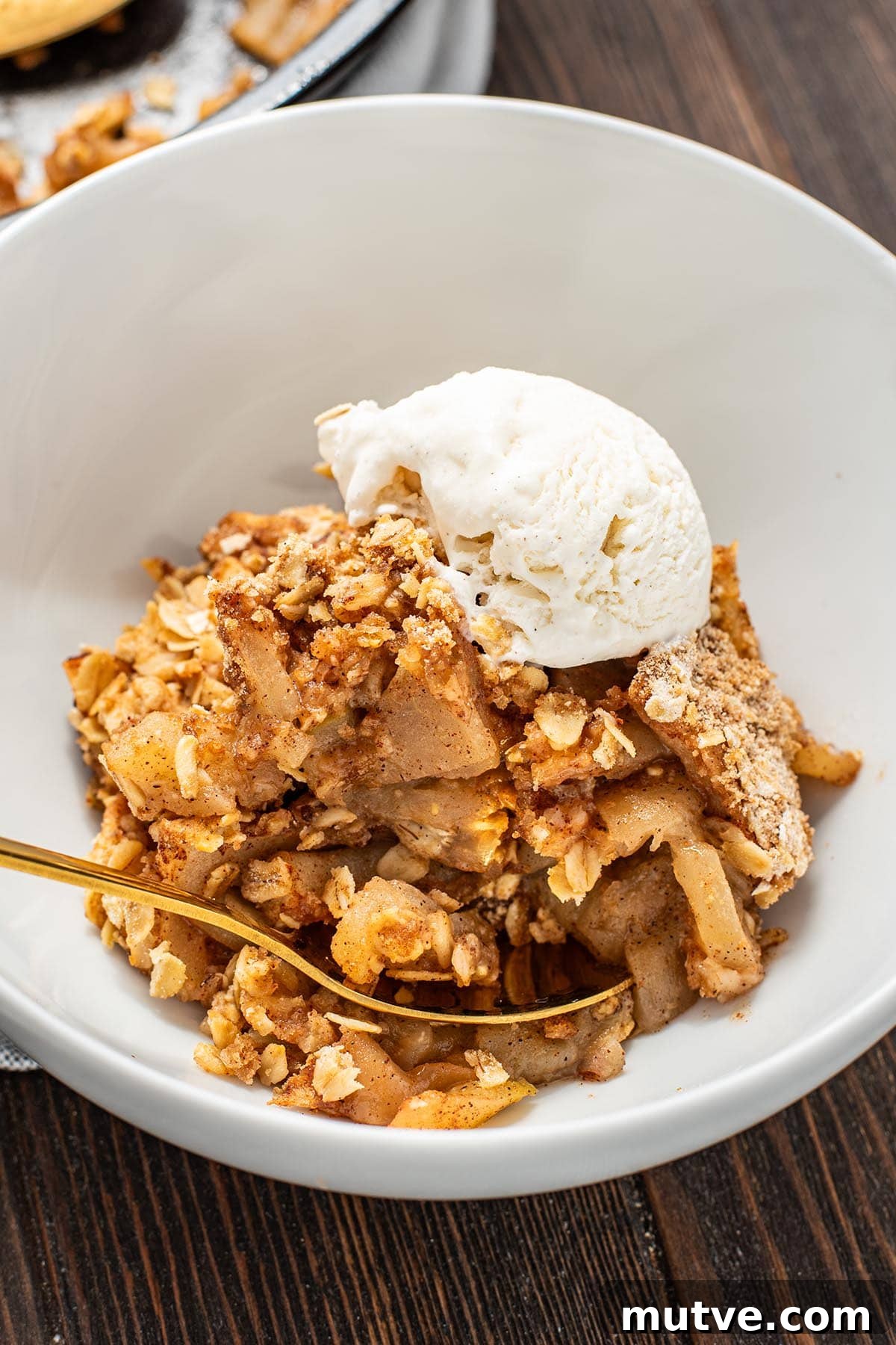 Skillet Apple Crisp Recipe with Cinnamon Oat Topping 8 A bowl of golden apple crisp topped with melting vanilla ice cream.