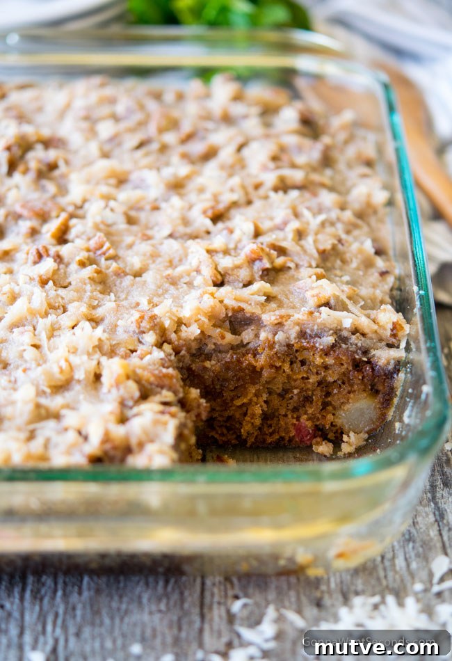 Grandma's Fruit Cocktail Cake in a glass baking dish
