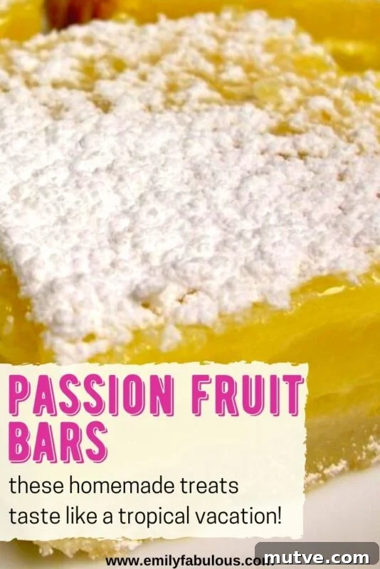 Tangy Passion Fruit Bars Recipe with Shortbread Crust 8 passion fruit bar with powdered sugar.
