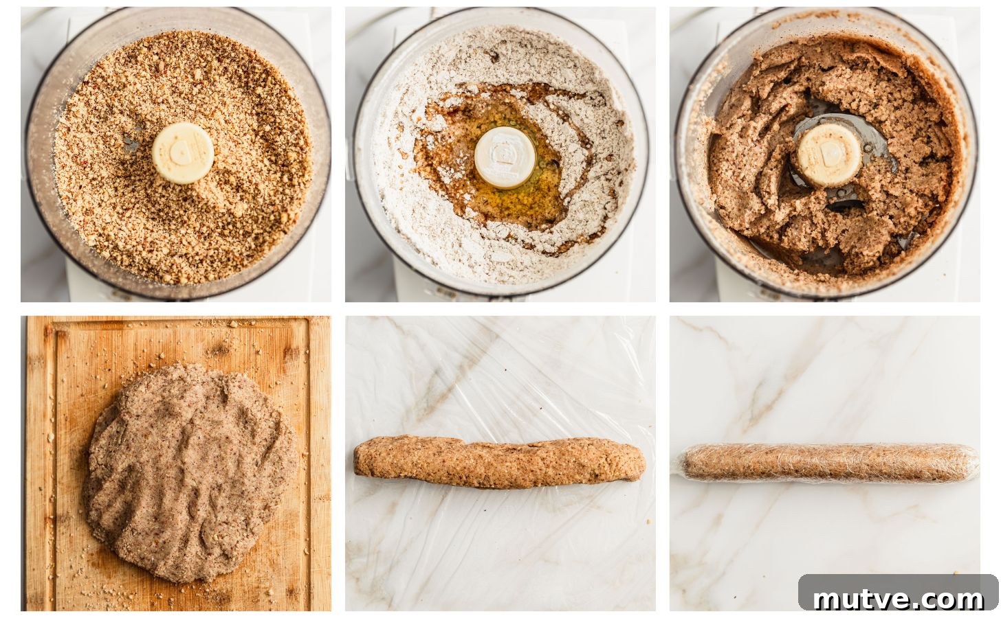Six steps to making hazelnut marzipan. In photo 1, hazelnut flour in a food processor. In photo 2, the food processor has powdered sugar, an egg white, and vanilla. In photo 3, the marzipan is mixed. In photo 4, the marzipan is kneaded on a wood board. In photo 5, the marzipan is shaped into a log. In photo 6, the marzipan is wrapped.