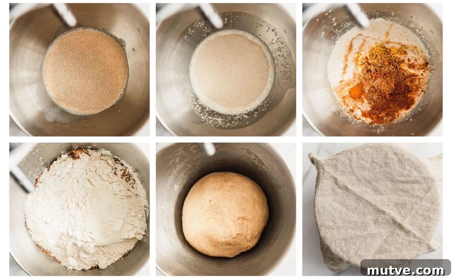Six steps to making stollen dough. In photo 1, a silver bowl is filled with milk and yeast. In photo 2, the mixture is foamy, In photo 3, the bowl has spices and citrus zest. In photo 4, the bowl has flour. In photo 5, the dough is mixed. In photo 6, the bowl is covered with a linen.