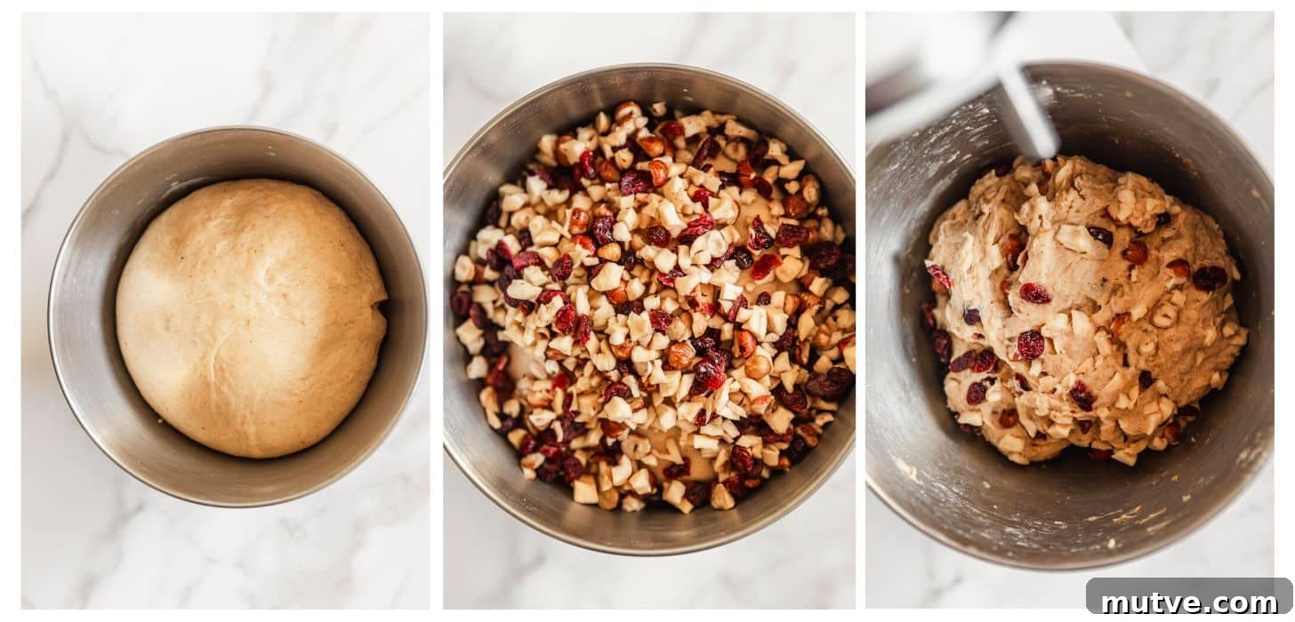 Three step to making cranberry apple stollen. In photo 1, a silver bowl of dough is on a white counter. In photo 2, the dough is topped with fruit and nuts. In photo 3, the dough is mixed.