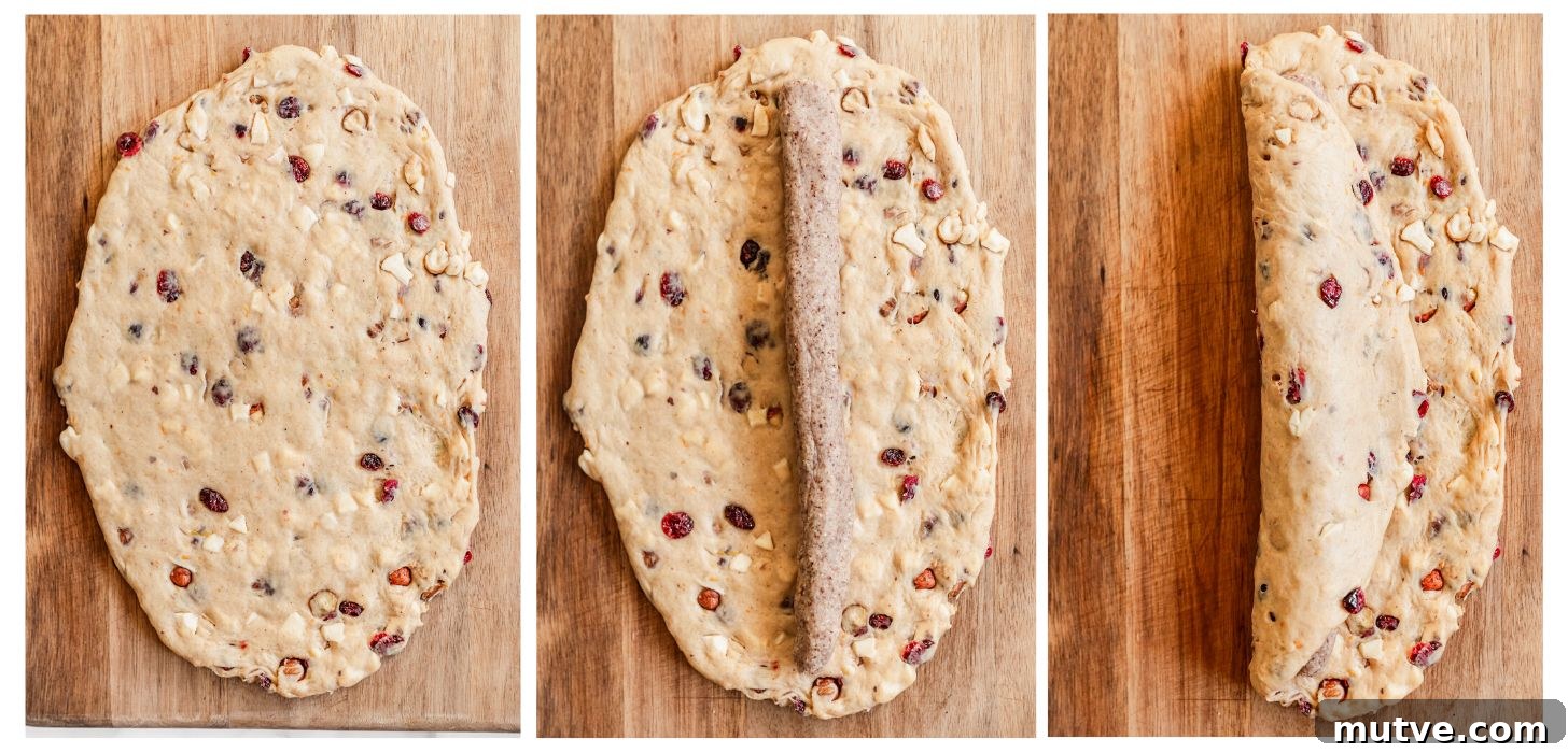 Three steps to shaping German Christmas bread. In photo 1, dough is rolled on a wood board. In photo 2, marzipan is in the center of the dough. In photo 3, one of the sides is rolled over the marzipan.