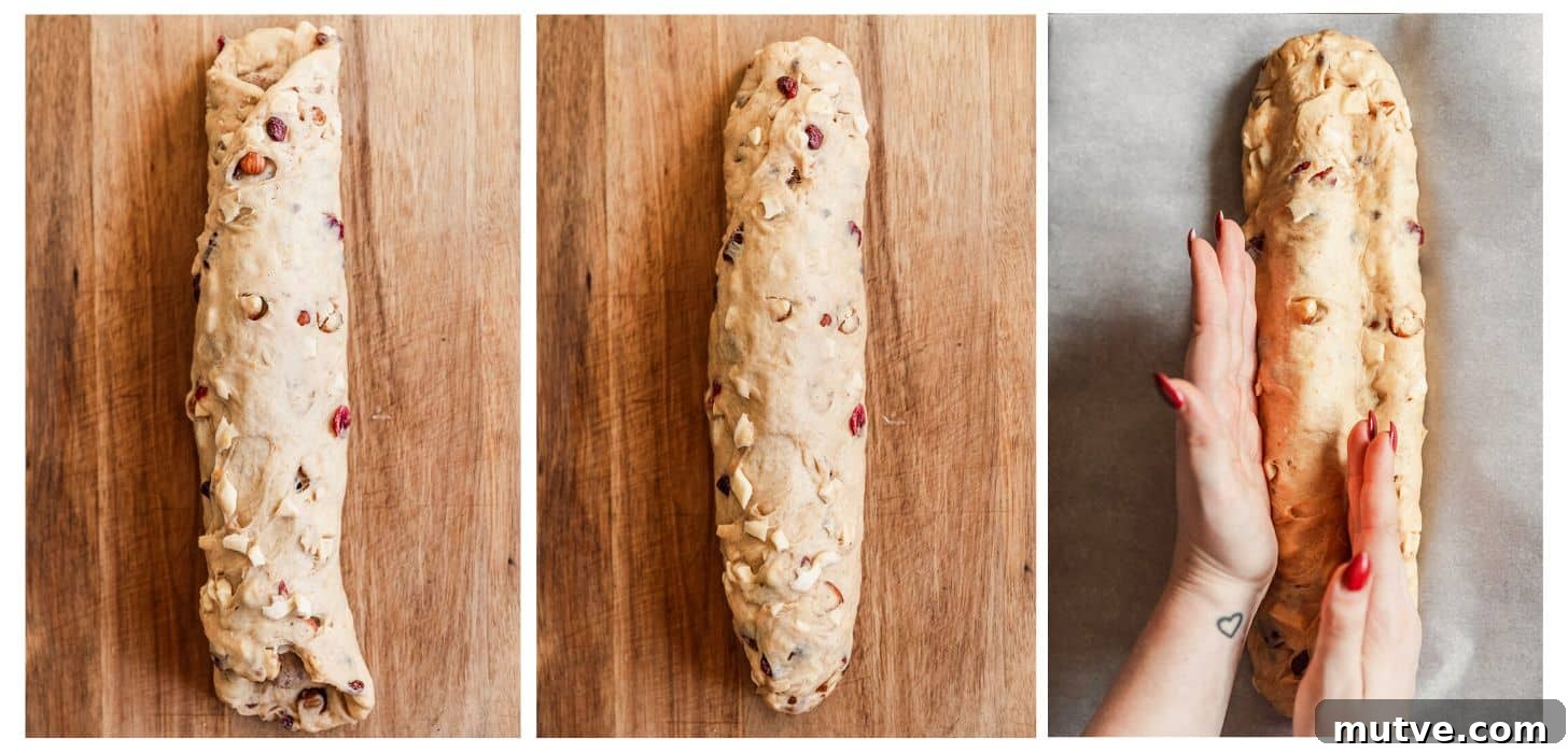 Three steps to shaping stollen. In photo 1, dough is folded on a wood board. In photo 2, the ends are pinched. In photo 3, a hand is shaping the loaf.