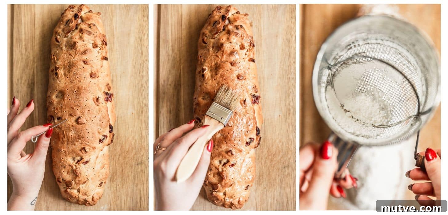 Three steps to baking cranberry apple stollen. In photo 1, a hand uses a pick to poke holes over the baked stollen. In photo 2, a hand uses a brush to brush butter over the bread. In photo 3, hands sift powdered sugar over the bread.