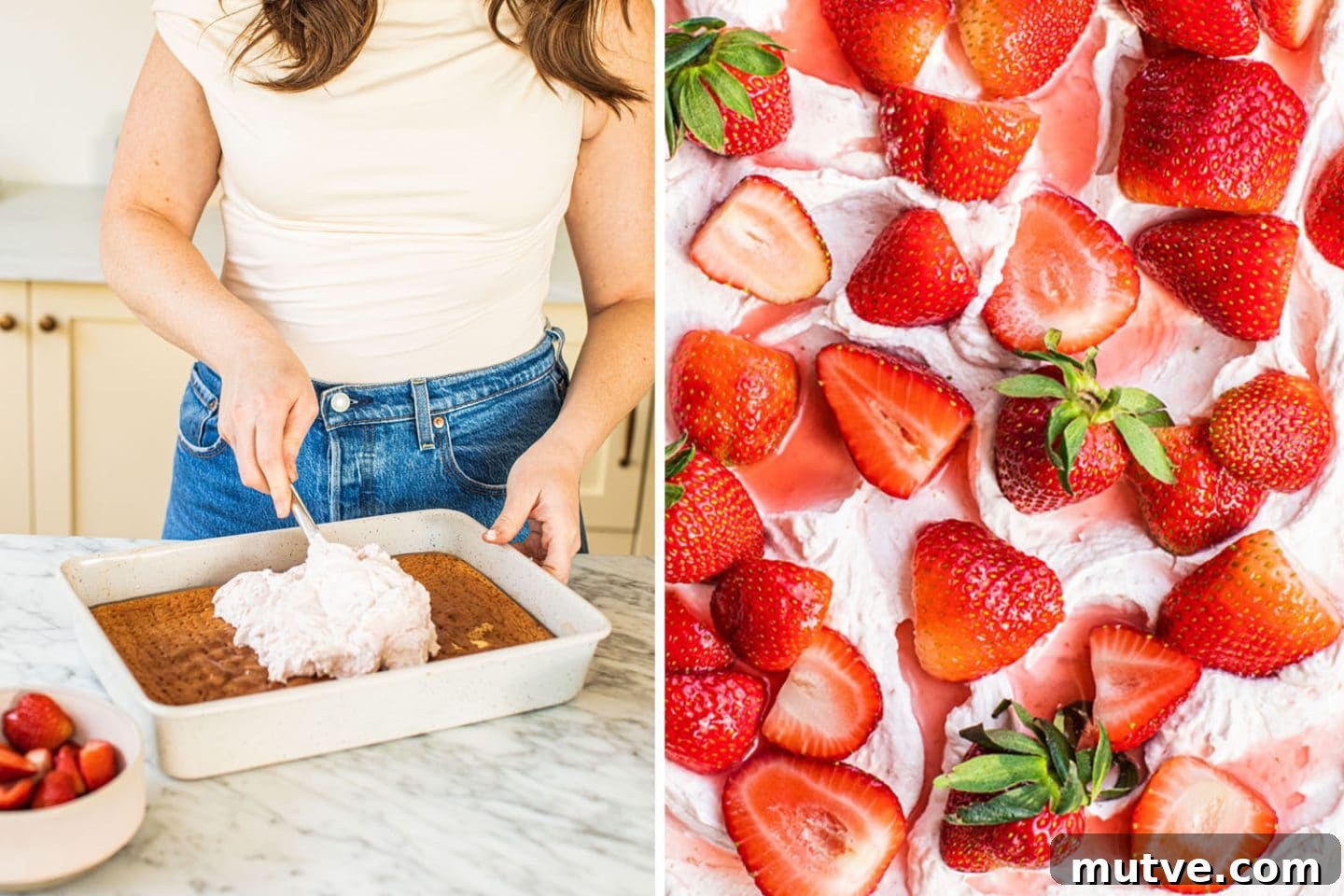 Strawberry Tres Leches Cake Recipe 8 adding strawberry icing to the cake and topping it with strawberries