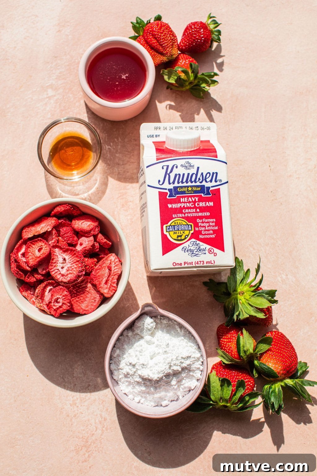 Strawberry Tres Leches Cake Recipe 5 heavy whipping cream, strawberry simple syrup, freeze-dried strawberries, powdered sugar, vanilla