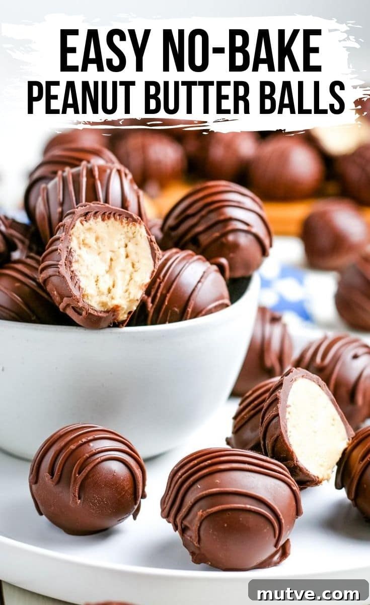 Old Fashioned No Bake Peanut Butter Balls Recipe 2 delicious chocolate covered peanut butter balls in a white glass bowl.