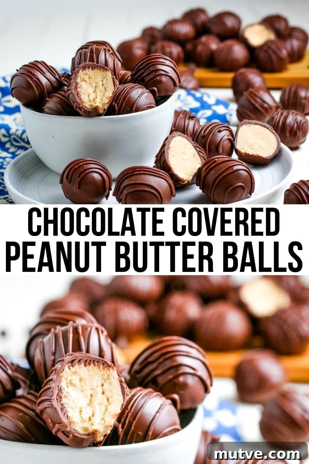 Old Fashioned No Bake Peanut Butter Balls Recipe 12 finished chocolate covered peanut butter balls in a white glass bowl.