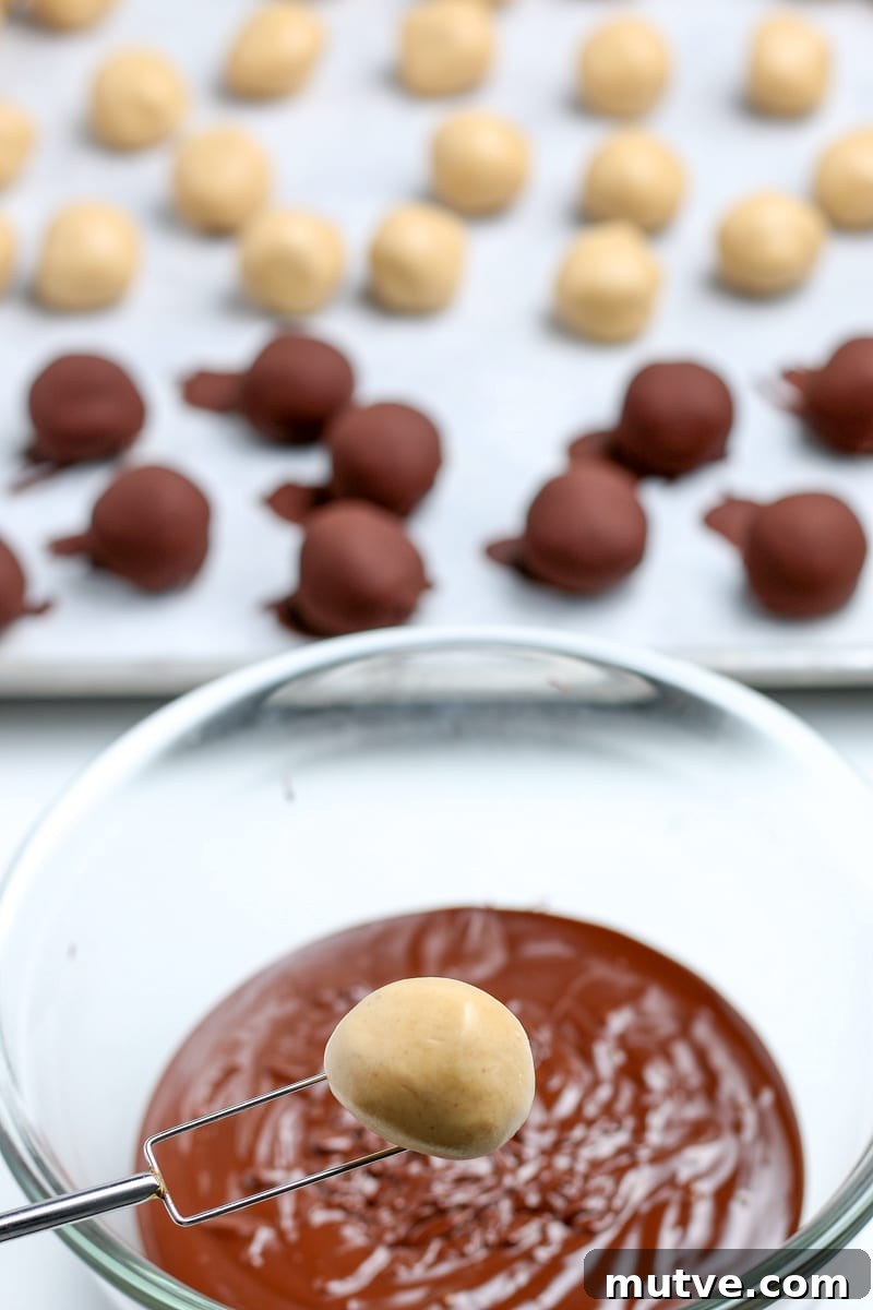 Old Fashioned No Bake Peanut Butter Balls Recipe 8 peanut butter balls ready to be dipped in the melted chocolate with a chocolate dipping fork.
