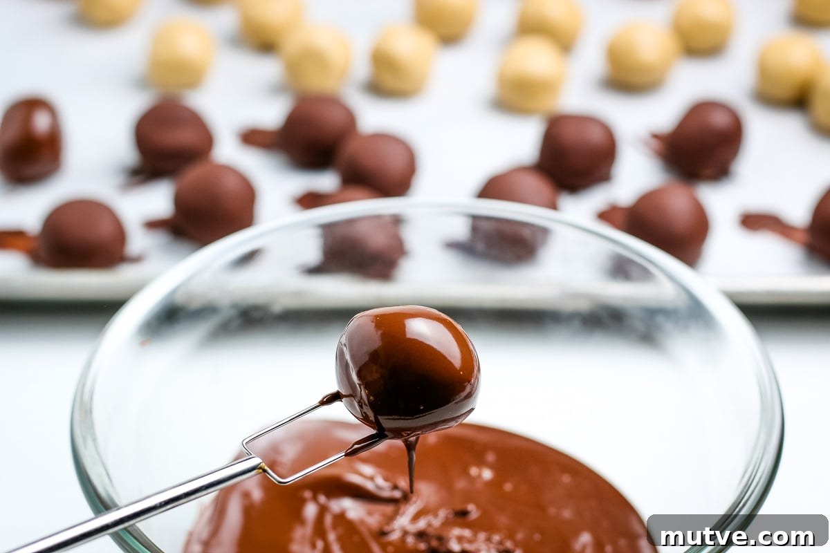 Old Fashioned No Bake Peanut Butter Balls Recipe 9 chocolate covered peanut butter ball after being dipped into the melted chocolate coating.