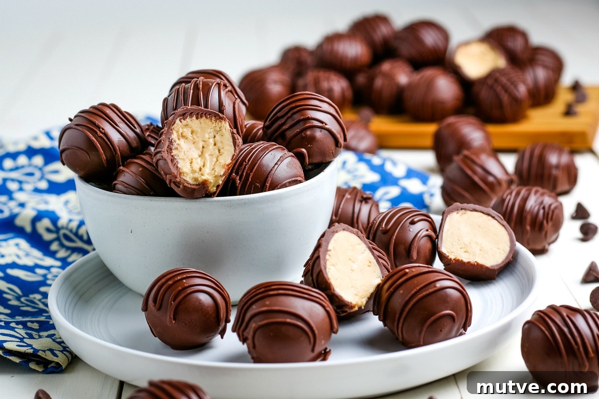 Old Fashioned No Bake Peanut Butter Balls Recipe 10 finished old fashioned chocolate covered peanut butter balls in a white glass bowl and plate.