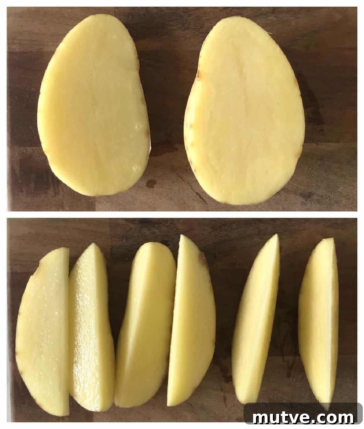 Two images showing raw potatoes on wooden boards cut in half and six wedges.