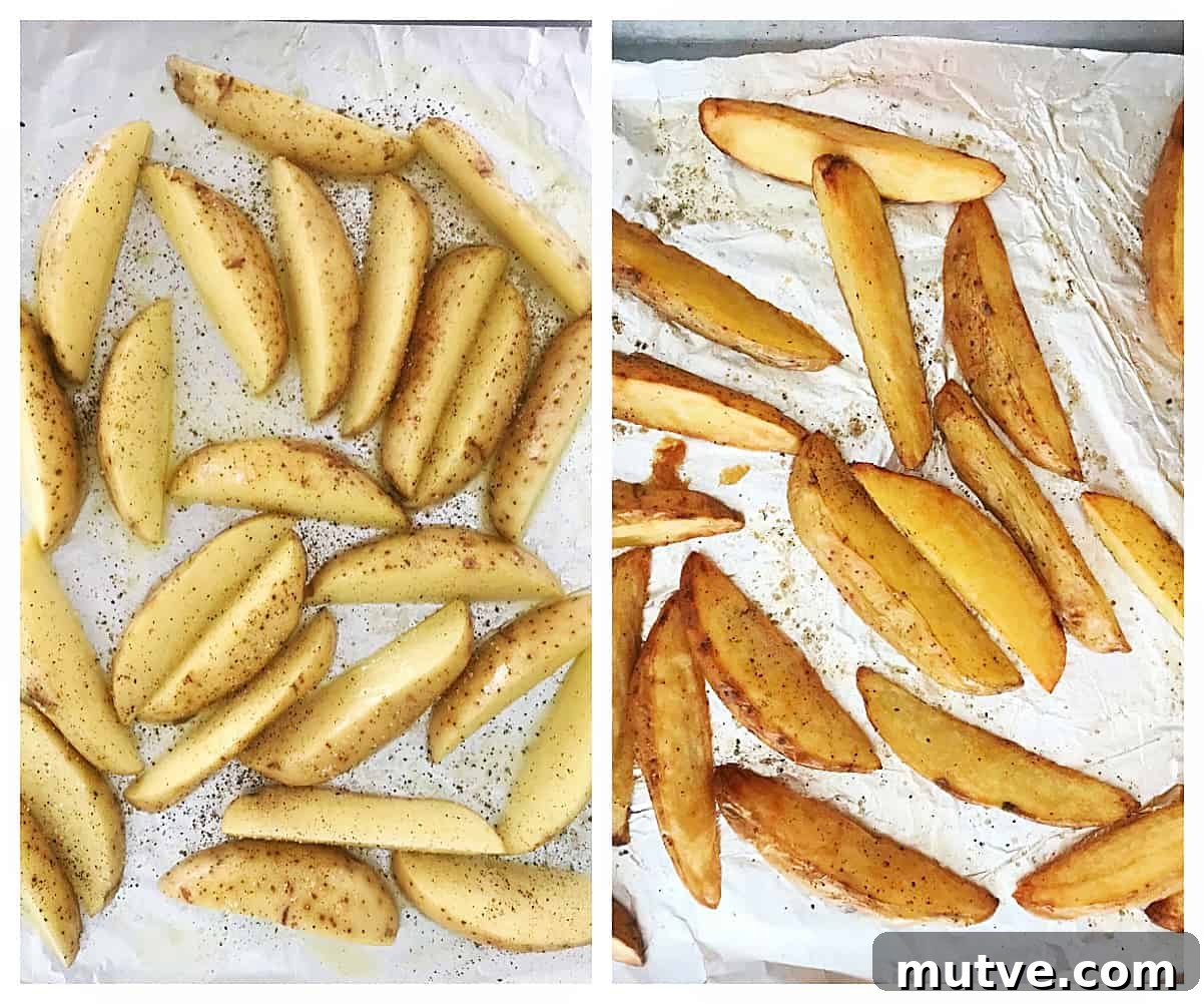 Image collage of raw and baked potato wedges.