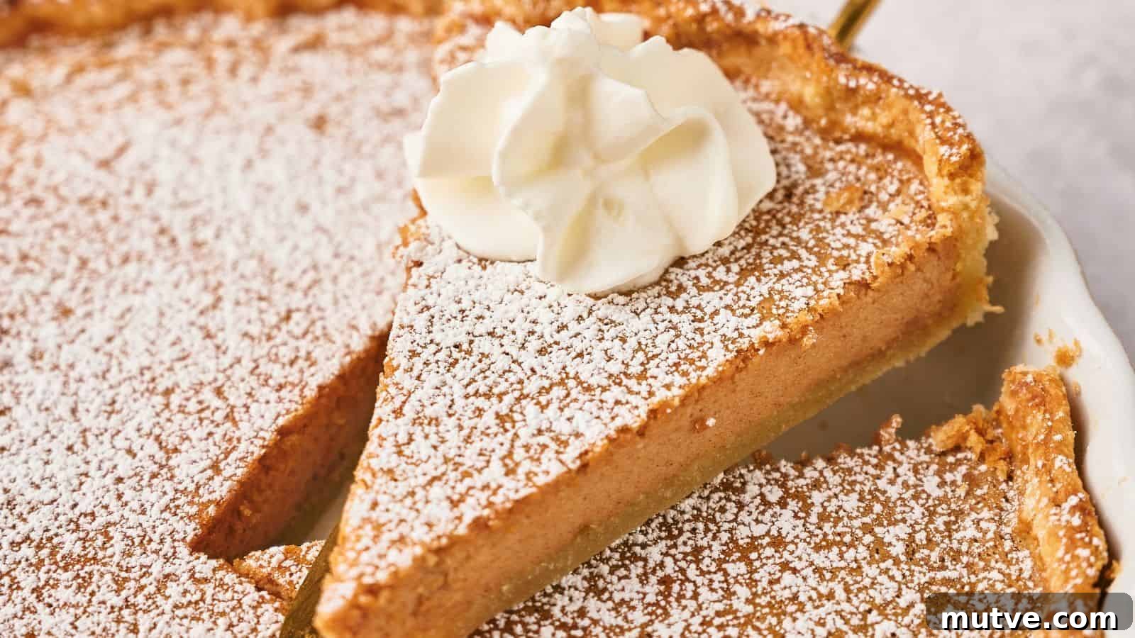 A slice of powdered sugar-dusted pie topped with a swirl of whipped cream is being lifted from a pie dish.