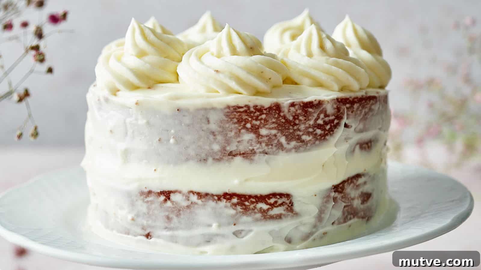 Red Velvet Cake with whipped cream swirls on a cakestand.