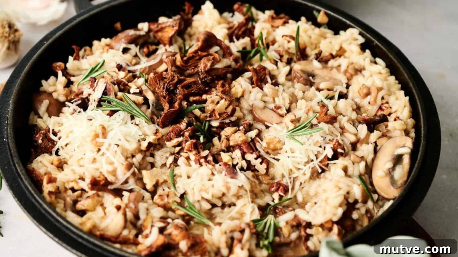 A bowl of risotto with mushrooms and parmesan cheese.