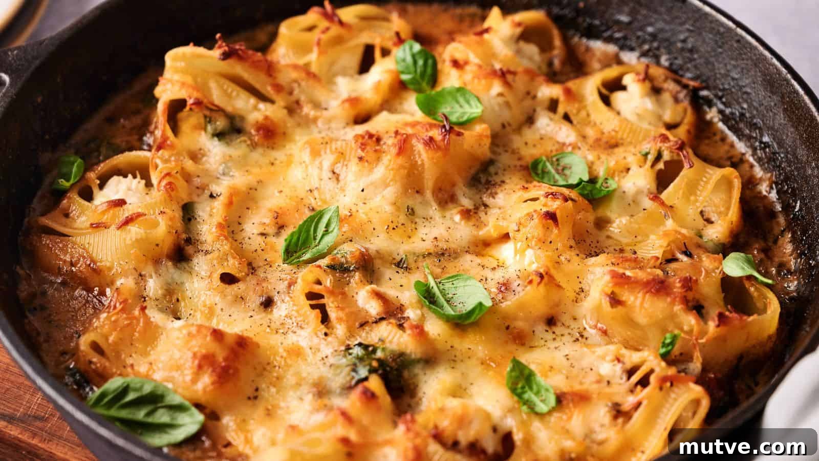 A skillet filled with baked stuffed pasta shells, topped with melted cheese, black pepper, and fresh basil leaves.