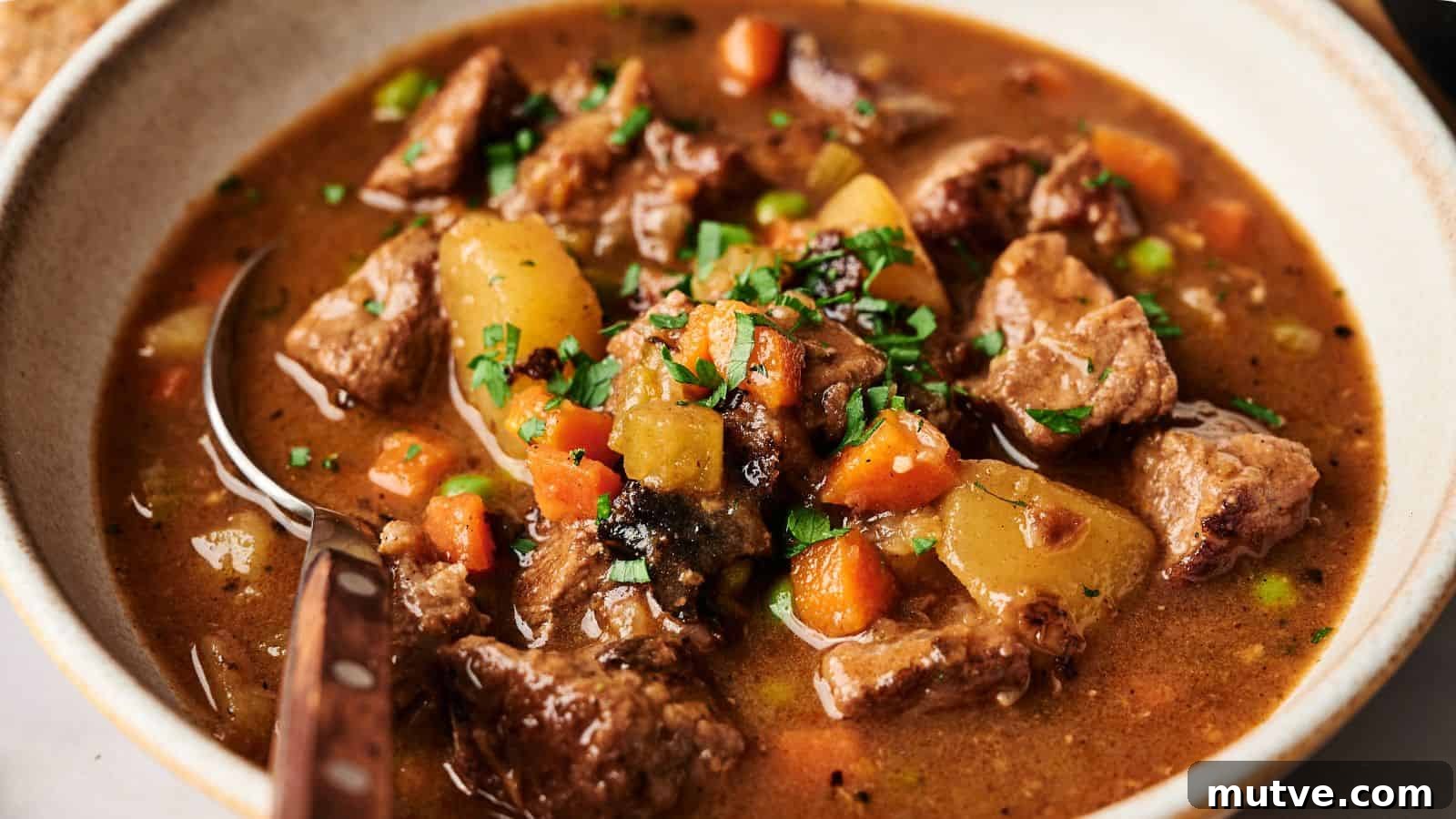 A bowl of beef stew with chunks of meat, potatoes, carrots, and peas in a brown broth, garnished with chopped parsley.
