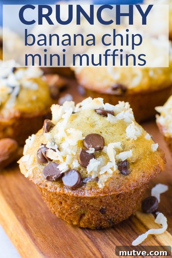 Tender sweet banana muffins with loads of chocolate chips, crunchy almonds and tropical coconut! A must for your next brunch! Make them full size or mini! #minimuffins #bananamuffins