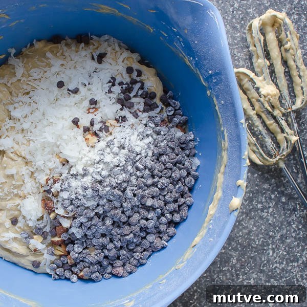 stir in chocolate chips nuts and coconut