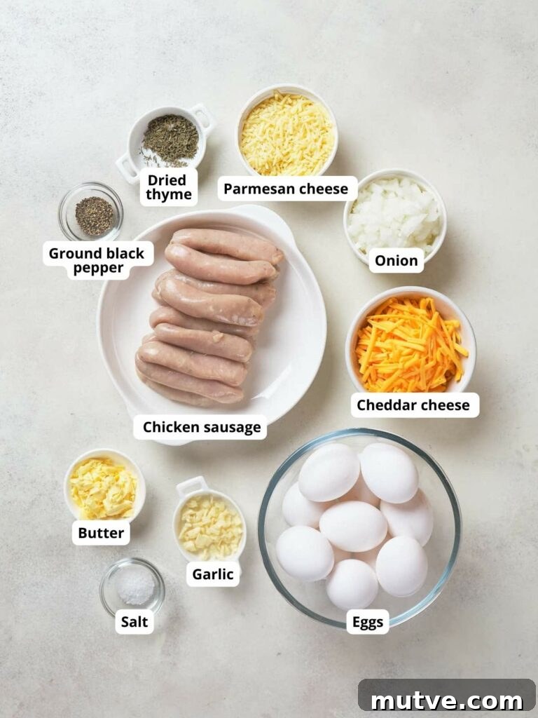 Ingredients of keto breakfast casserole on a table include.