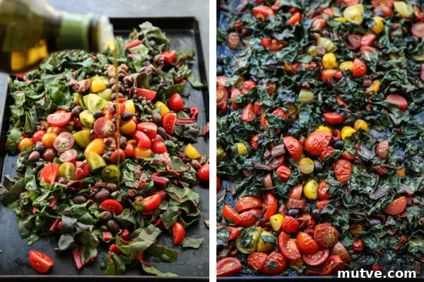 Sheet Pan Shrimp Puttanesca with Chard and Cherry Tomatoes 4 Sheet pan with cherry tomatoes, olives and puttanesca sauce