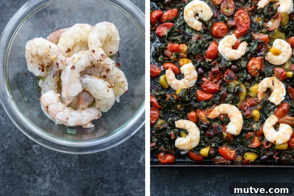 Sheet Pan Shrimp Puttanesca with Chard and Cherry Tomatoes 5 Bowl of shrimp with roasted tomatoes and chard