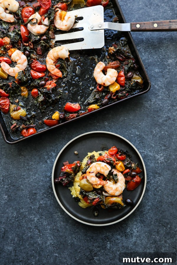 Sheet Pan Shrimp Puttanesca with Chard and Cherry Tomatoes 7 Final plated shrimp puttanesca with chard