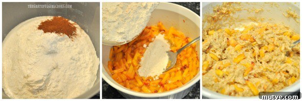 Peach Jam Muffins -The Grateful Girl Cooks! Dry ingredients are combined then added to peaches for muffins.