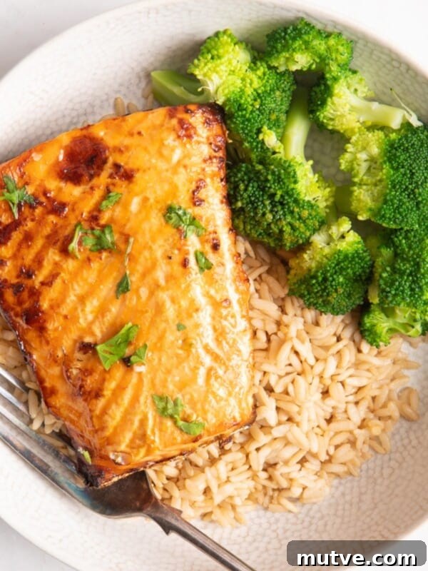 Crispy Air Fryer Broccoli in 10 Minutes 11 salmon on a bed of rice served with broccoli