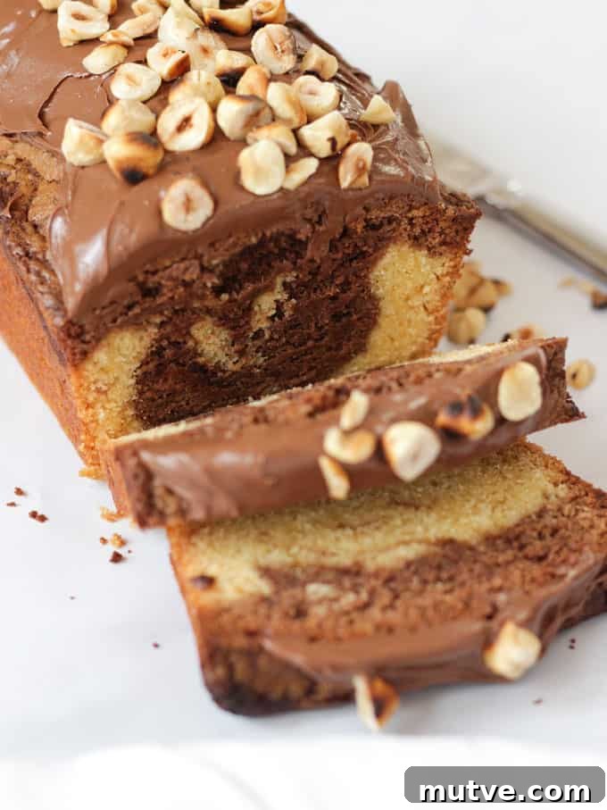 Quick Nutella Cake Recipe: Moist Chocolate Hazelnut Cake 2 Sliced Nutella Cake topped with Nutella and hazelnuts on white background.