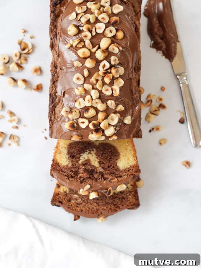 Quick Nutella Cake Recipe: Moist Chocolate Hazelnut Cake 3 Overhead shot of slices Nutella Cake topped with hazelnuts on white marble background.