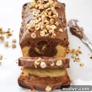 Quick Nutella Cake Recipe: Moist Chocolate Hazelnut Cake 6 A Nutella Cake swirl loaf tin treat from the side, sliced, with hazelnuts on top.
