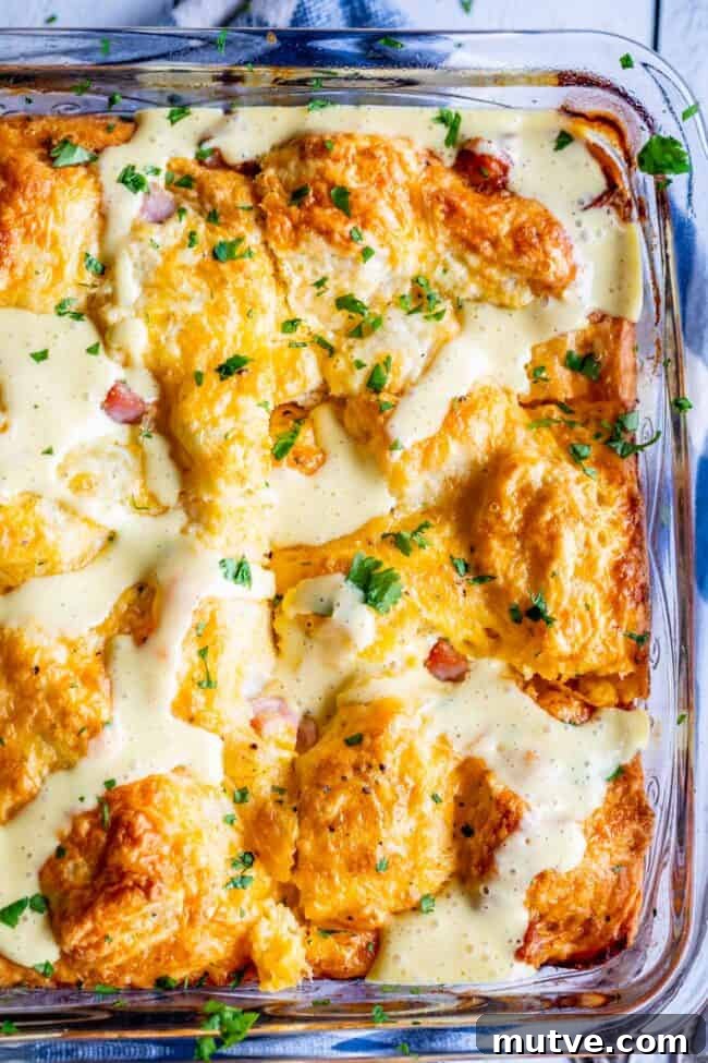Cheesy Biscuit-Topped Breakfast Casserole Recipe 3 biscuit breakfast casserole with ham and hollandaise sauce.