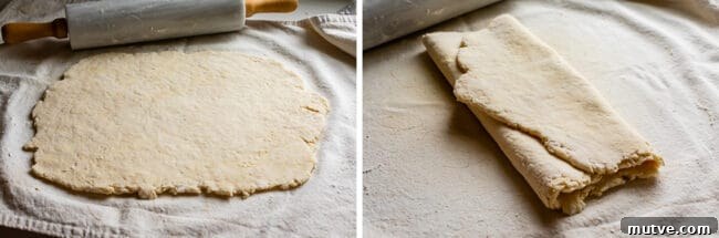 Cheesy Biscuit-Topped Breakfast Casserole Recipe 9 rolling out biscuit dough and folding it into an envelope shape.