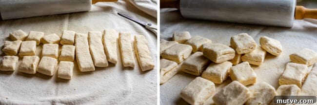 Cheesy Biscuit-Topped Breakfast Casserole Recipe 10 slicing biscuit dough into strips, then into squares.
