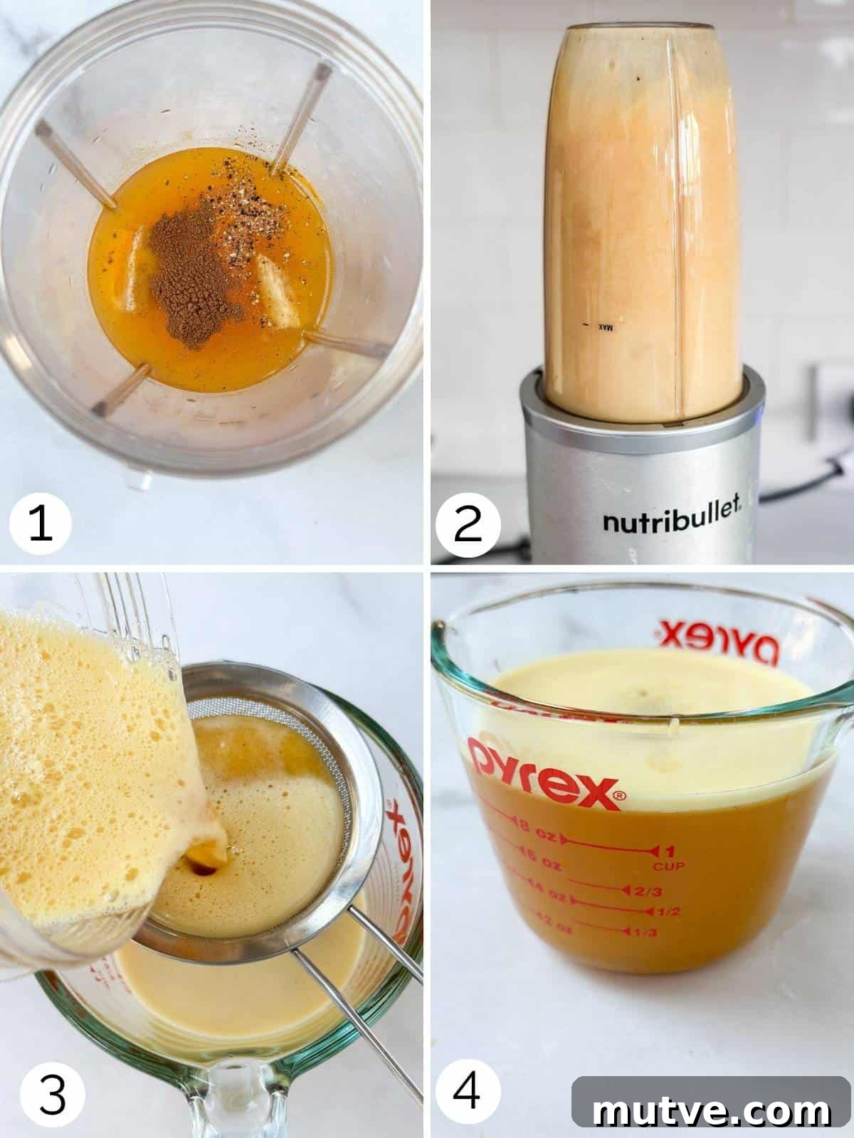 Ginger Turmeric Shots Recipe in a Blender 4 Process photos of making ginger turmeric juice in a blender.