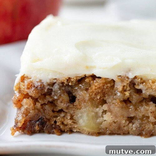 slice of apple cake with cream cheese frosting on top.