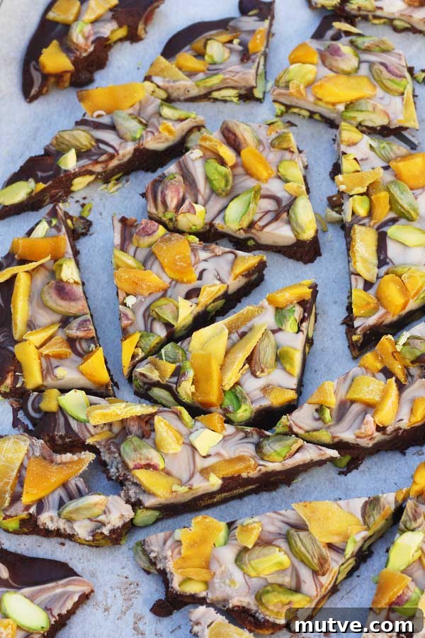 5 Last-Minute Chocolate Gift Ideas for Chocolate Lovers 7 Overhead image of broken up mango and pistachio chocolate bark.