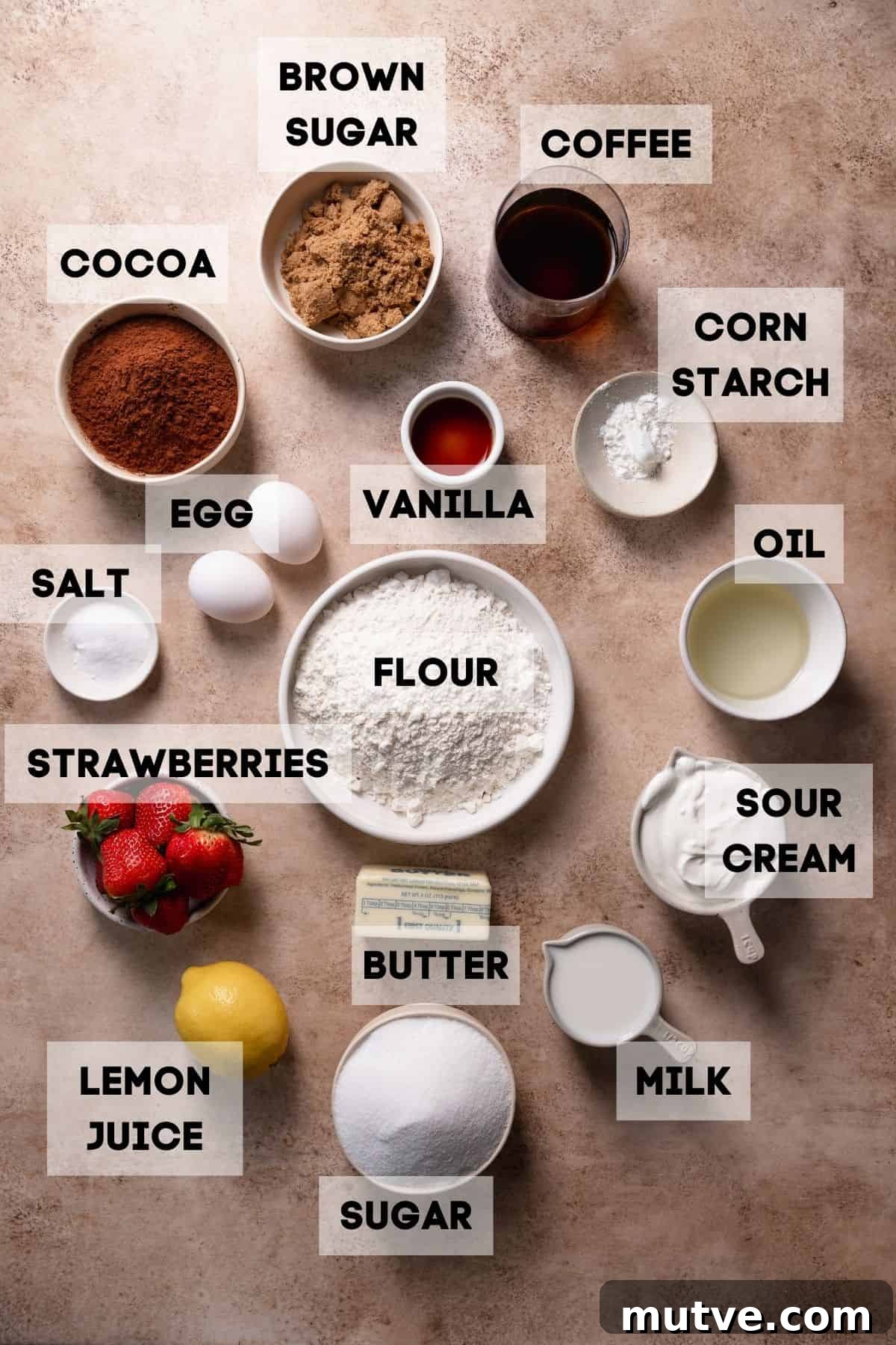Chocolate Strawberry Layer Cake Recipe 3 Ingredients needed to make strawberry chocolate cake in bowls with labels.