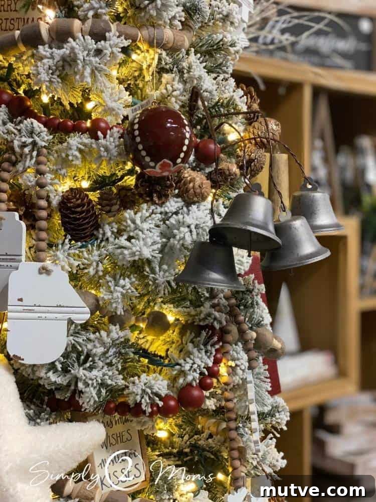 Close-up of a decorated Christmas tree with bead garlands and ornaments