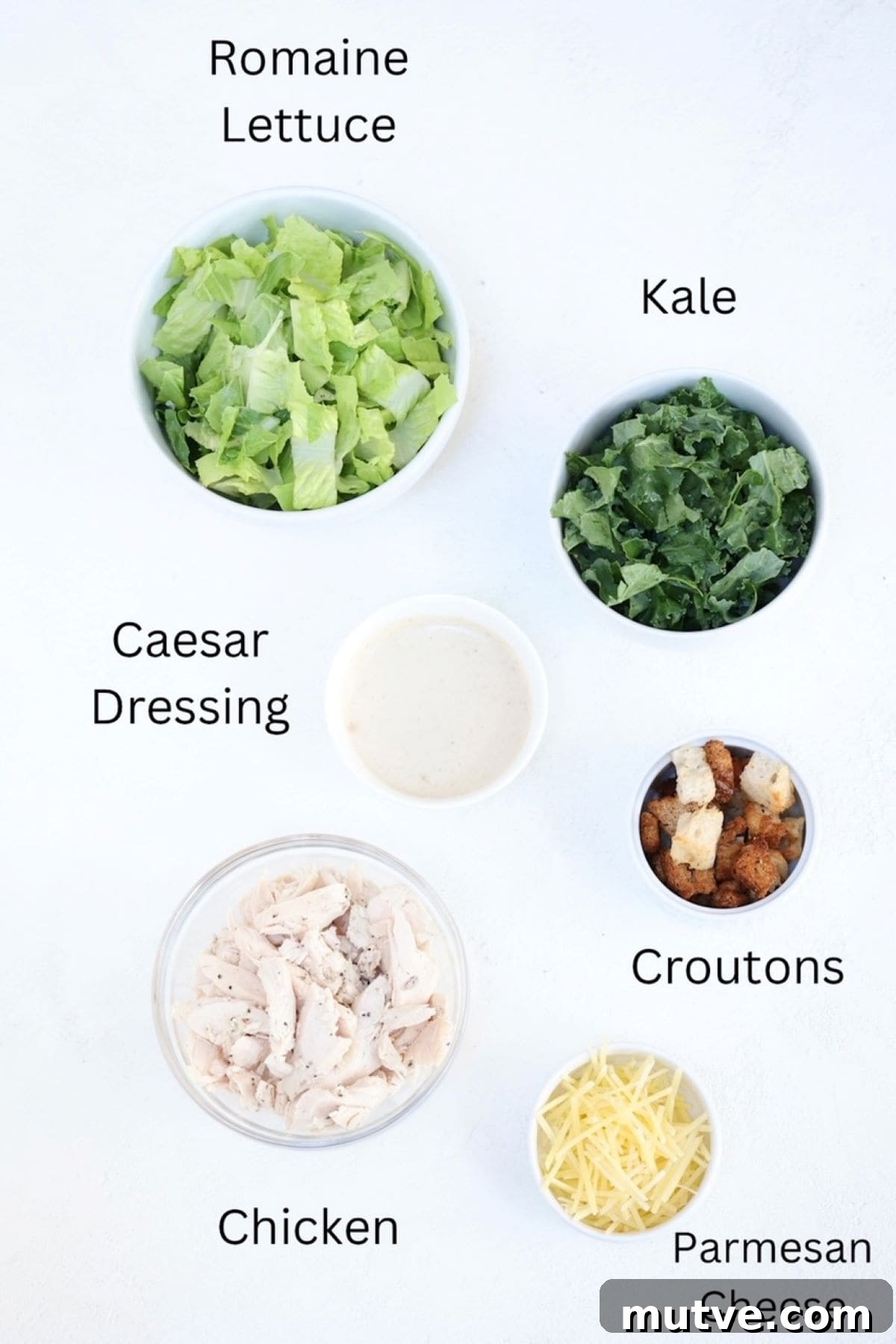Chicken Caesar salad ingredients, labeled.