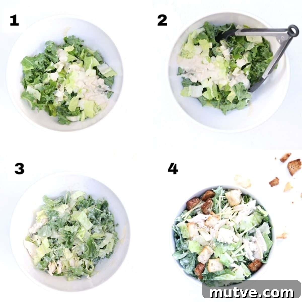 Four numbered images showing how to make chicken Caesar salad.