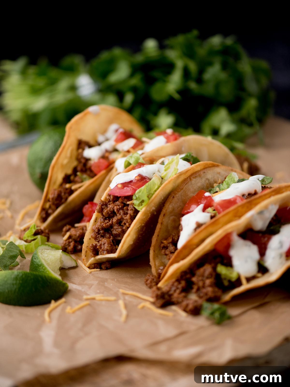 How to Make Ground Beef Tacos: Flavorful Step-by-Step Recipe 2 ground beef tacos on parchment paper surrounded by cilantro and limes