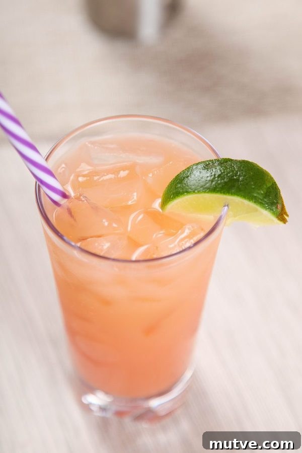 Classic Greyhound Cocktail Recipe: Vodka and Grapefruit 2 A light orange colored Greyhound cocktail in a tall glass garnished with a lime wedge
