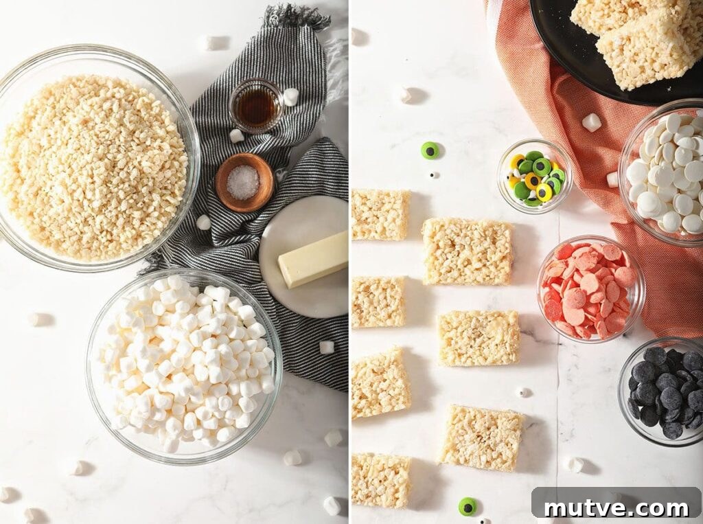 Collage showing ingredients to make Halloween Rice Krispie Treats