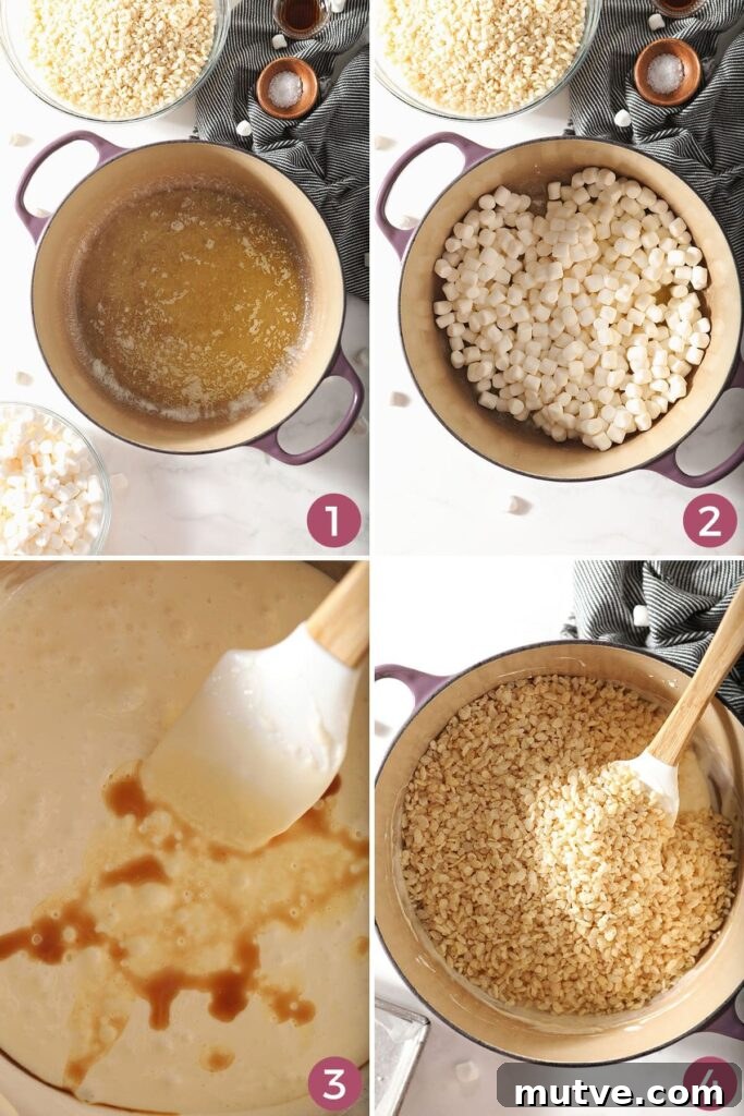 Collage showing how to make rice krispie treats