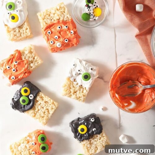 Orange, black and white monster rice krispie treats