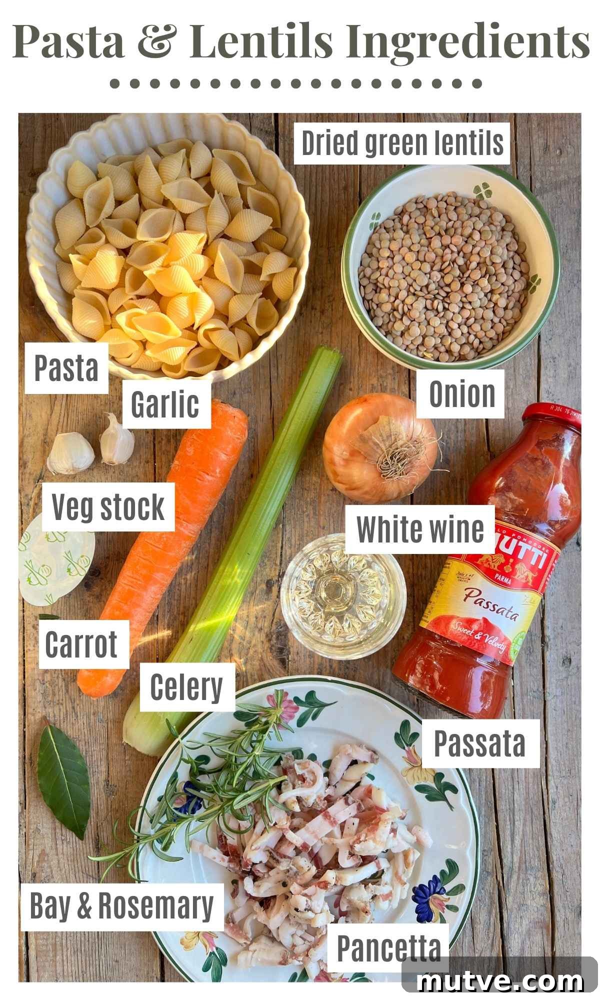 Pasta e Lenticchie Recipe: Authentic Italian Lentil Pasta 3 An overhead shot of all the ingredients needed to make pasta and lentils. The ingredients are labelled: pasta, dried green lentils, passata, carrot, celery, onion, bay and rosemary, pancetta, white wine, garlic.